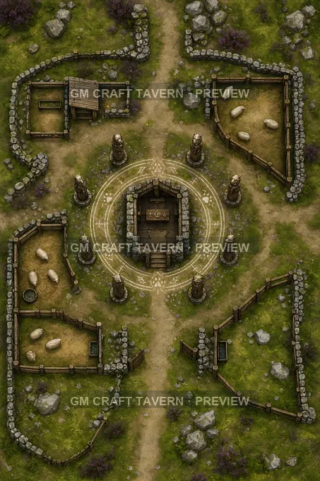 Wolf Warded Pasture Shrine With Totem Posts And Lamb Pens battlemap preview