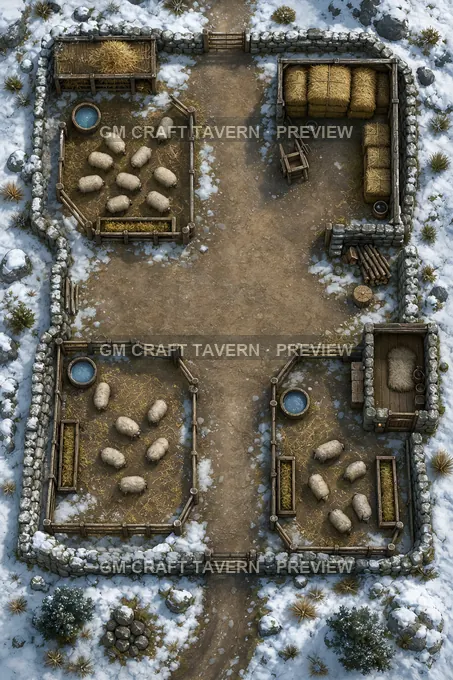 Winter Sheepfold With Hay Stores And Snow Cleared Lanes battlemap preview