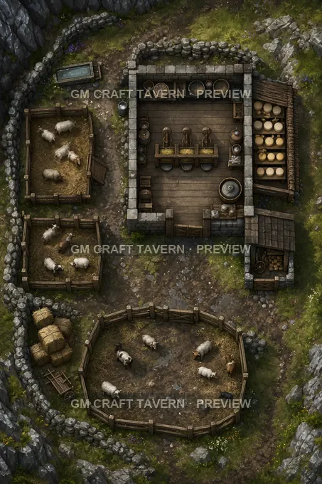 Hillside Dairy Fold With Milking Shelter And Cheese Racks battlemap preview