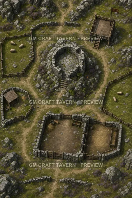 Ruined Beacon Fold With Reclaimed Pens And Signal Platform battlemap preview