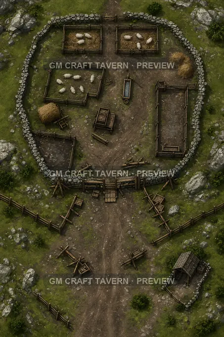 Bandit Taxed Upland Fold With Barricaded Gate And Seized Flock Yard battlemap preview