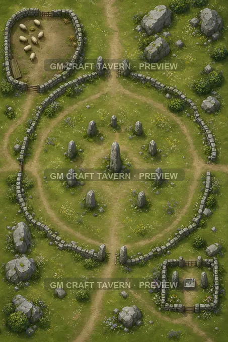 Sacred High Meadow With Pilgrim Fold And Standing Stones battlemap preview