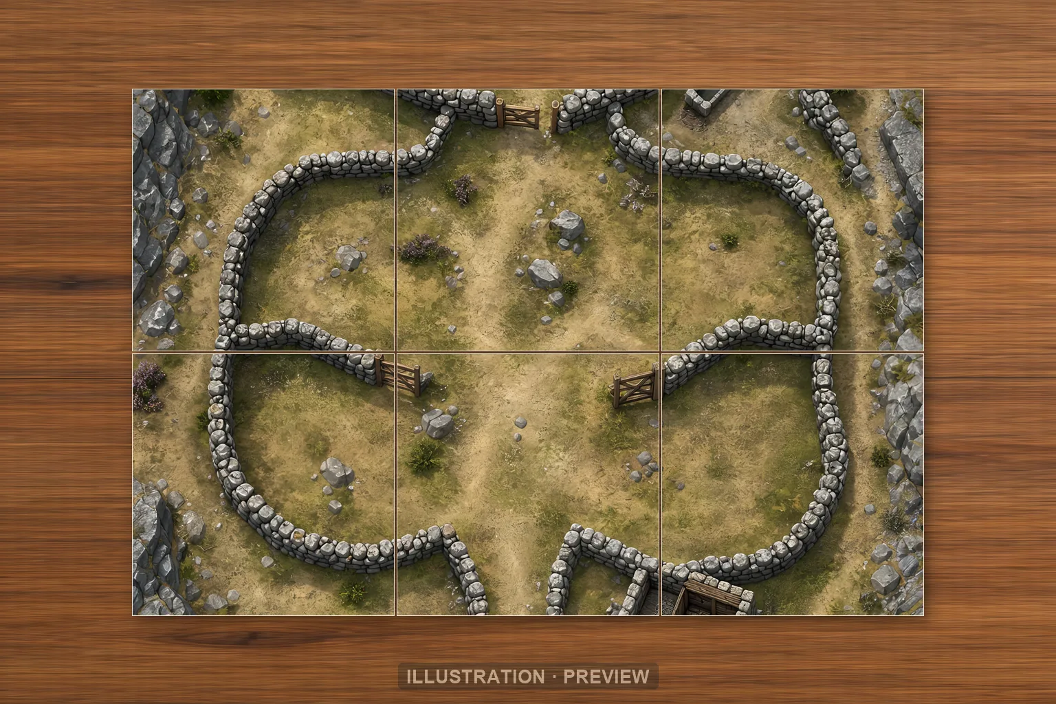 Illustration of a battlemap arranged on six printed sheets on a tabletop