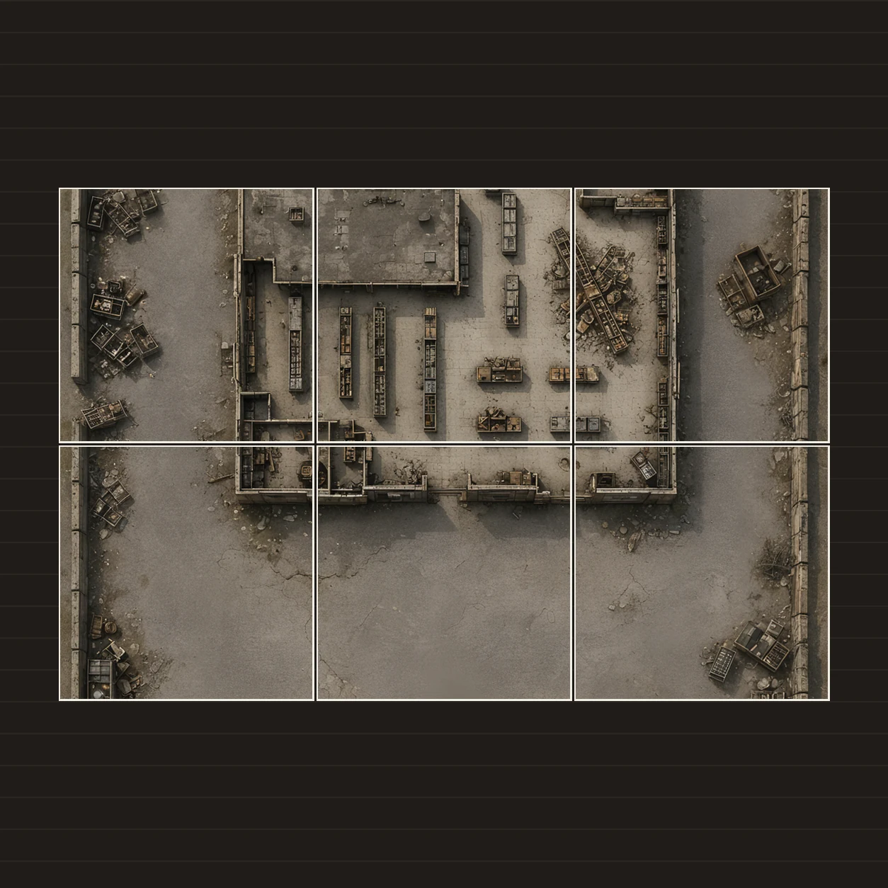 Illustration of a battlemap arranged on six printed sheets on a tabletop