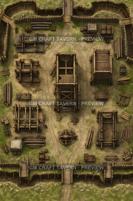 Siege Tower Assembly Yard With Timber Frames And Rope Winches battlemap preview