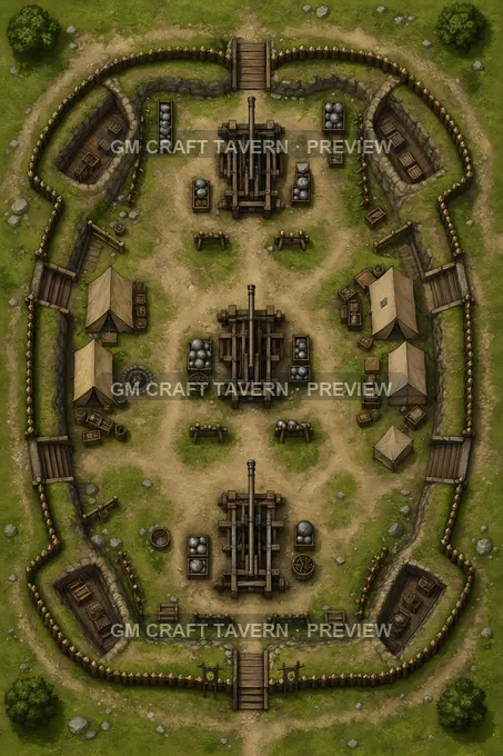 Artillery Berm With Stone Throwers And Ammunition Stacks battlemap preview