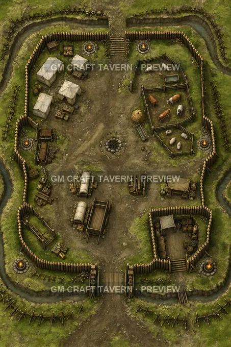 Foragers Return Yard With Livestock Pens And Ration Tents battlemap preview