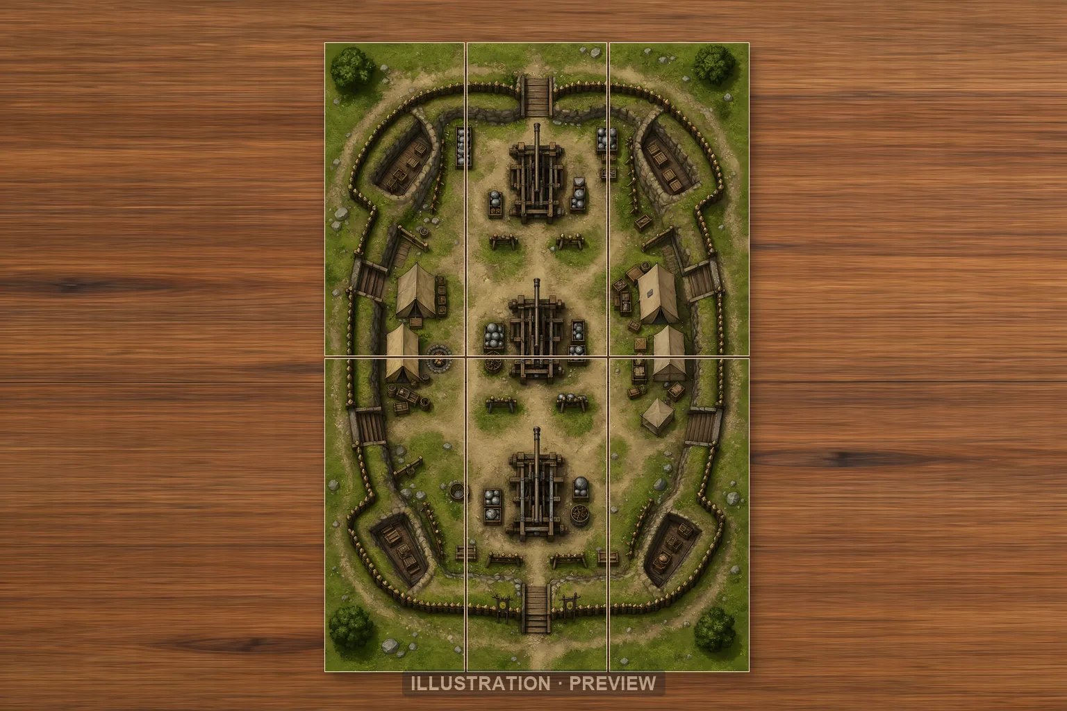 Illustration of a battlemap arranged on six printed sheets on a tabletop
