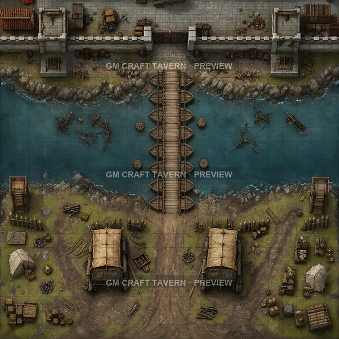 City Moat Crossing With Pontoon Assault Bridge And Shield Carts battlemap preview