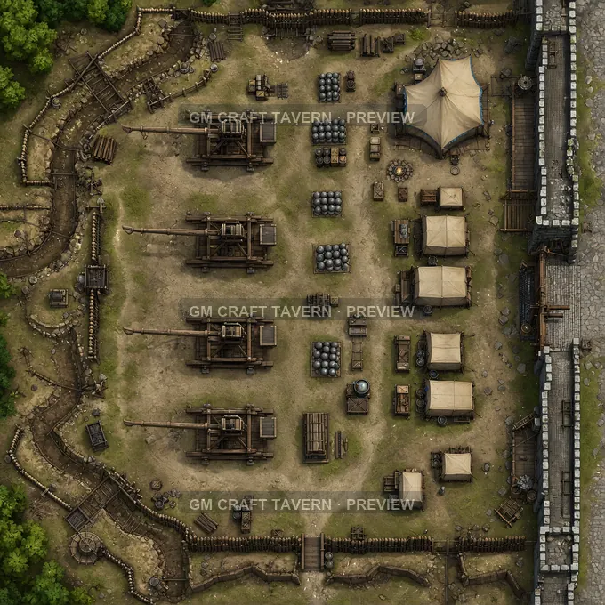 Trebuchet Battery Yard With Stone Piles And Command Tent Lanes battlemap preview