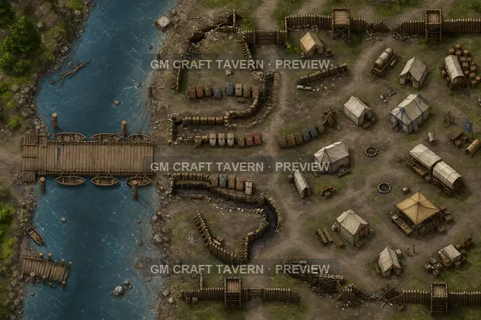 Riverbank Siege Camp With Ferry Pontoon And Arrow Screens battlemap preview