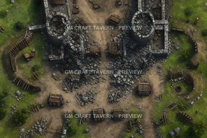 Ruined Gatehouse Breach With Rubble Choke Points And Shield Wagons battlemap preview