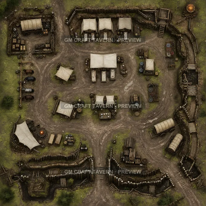 Field Hospital Behind Siege Lines With Stretcher Tents And Supply Carts battlemap preview