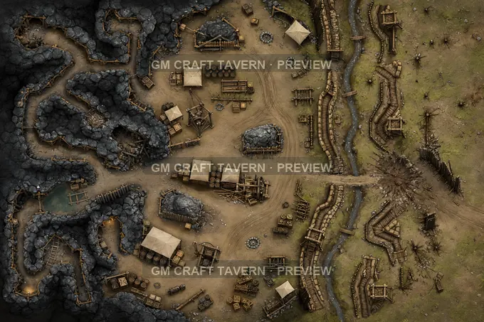 Mine Tunnel Sappers Camp With Powder Sheds And Spoil Mounds battlemap preview
