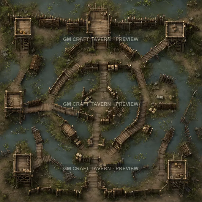 Marsh Siege Boardwalk With Raised Towers And Wicker Screens battlemap preview