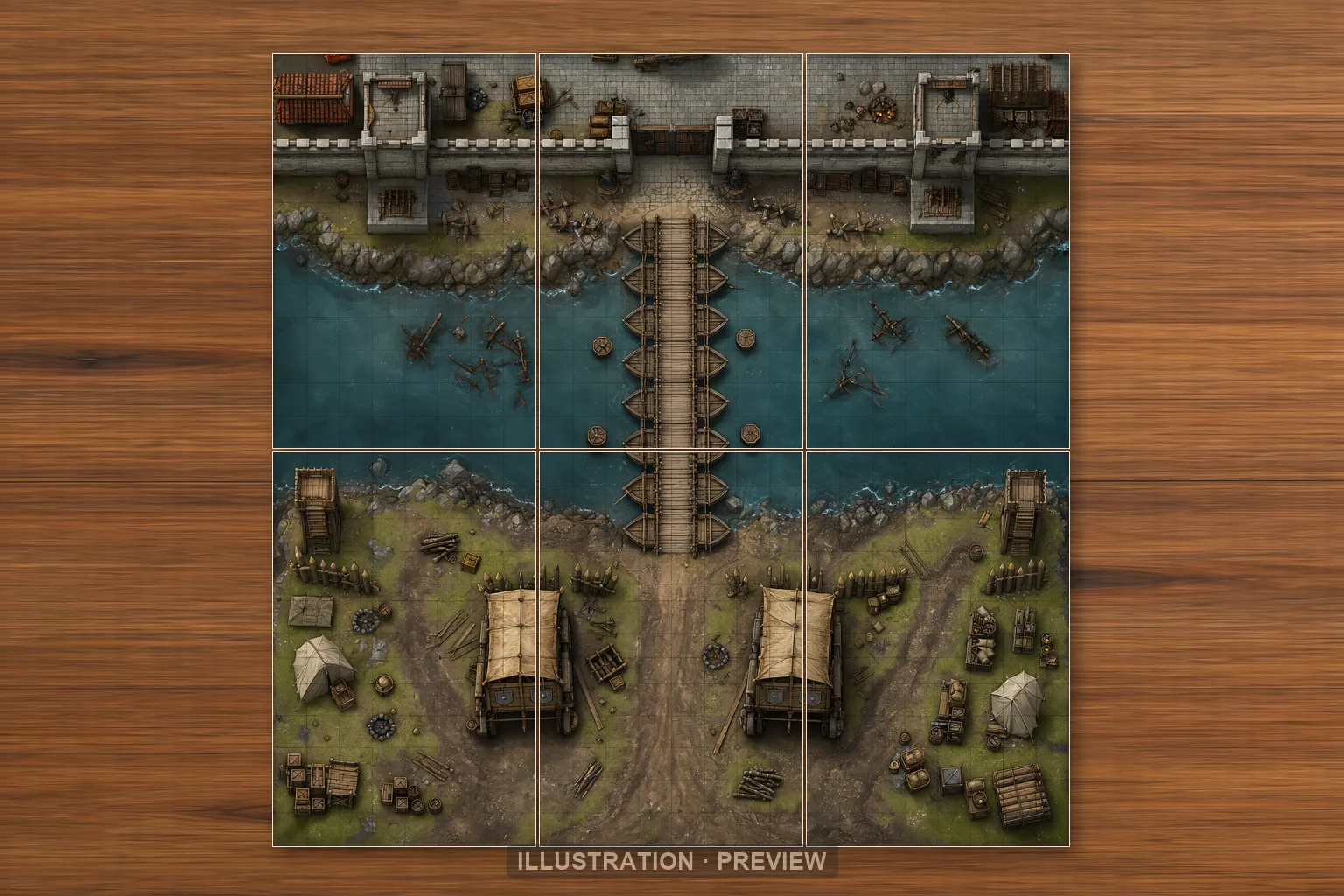 Illustration of a battlemap arranged on six printed sheets on a tabletop
