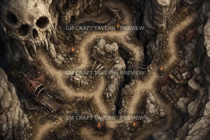 A Skull Cliff Frontier Settlement Approach Trail At The Base Of A Canyon Bone Mesa battlemap preview