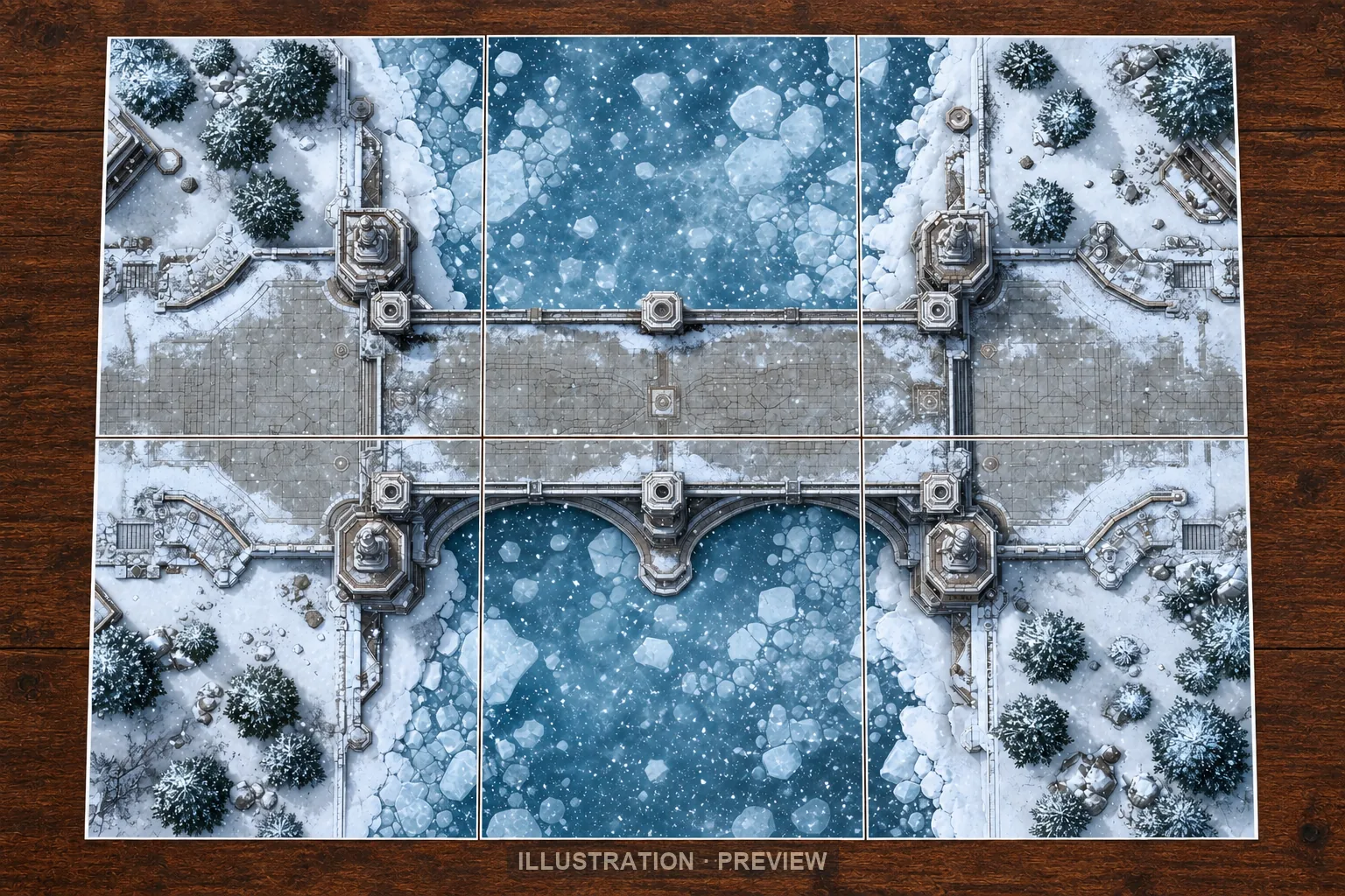 Illustration of a battlemap arranged on six printed sheets on a tabletop