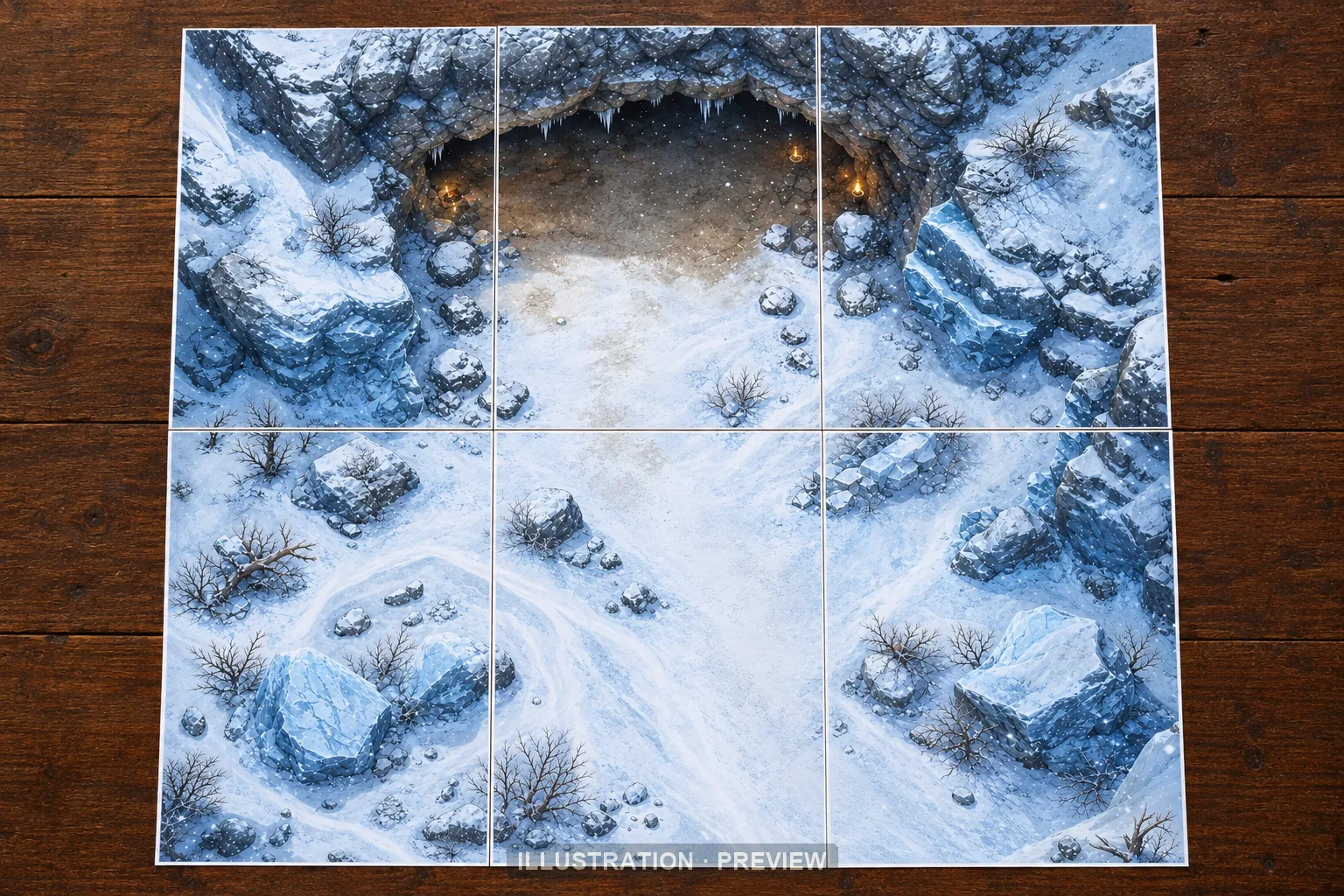 Illustration of a battlemap arranged on six printed sheets on a tabletop