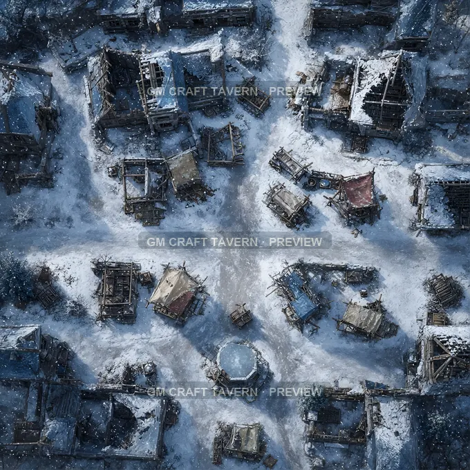 Aperçu de la battlemap du village enneigé fortifié sur la colline