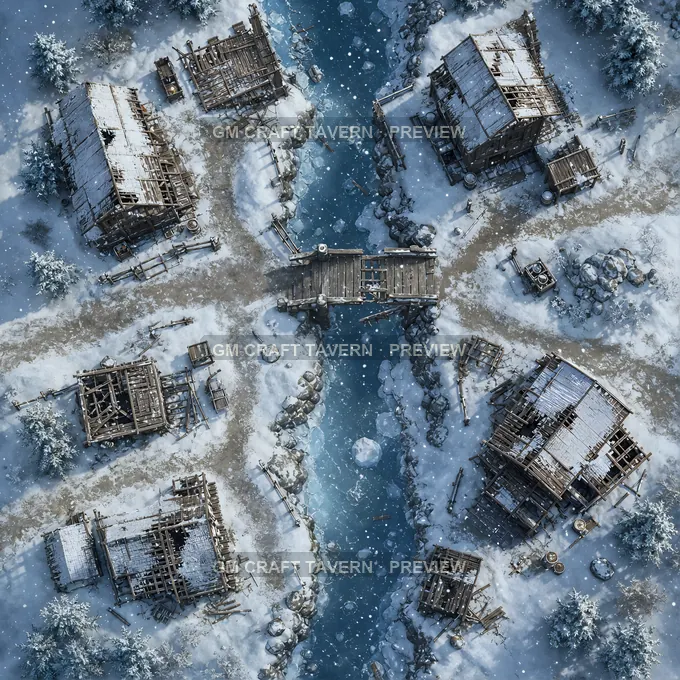 Aperçu de la battlemap du hameau enneigé de la chapelle