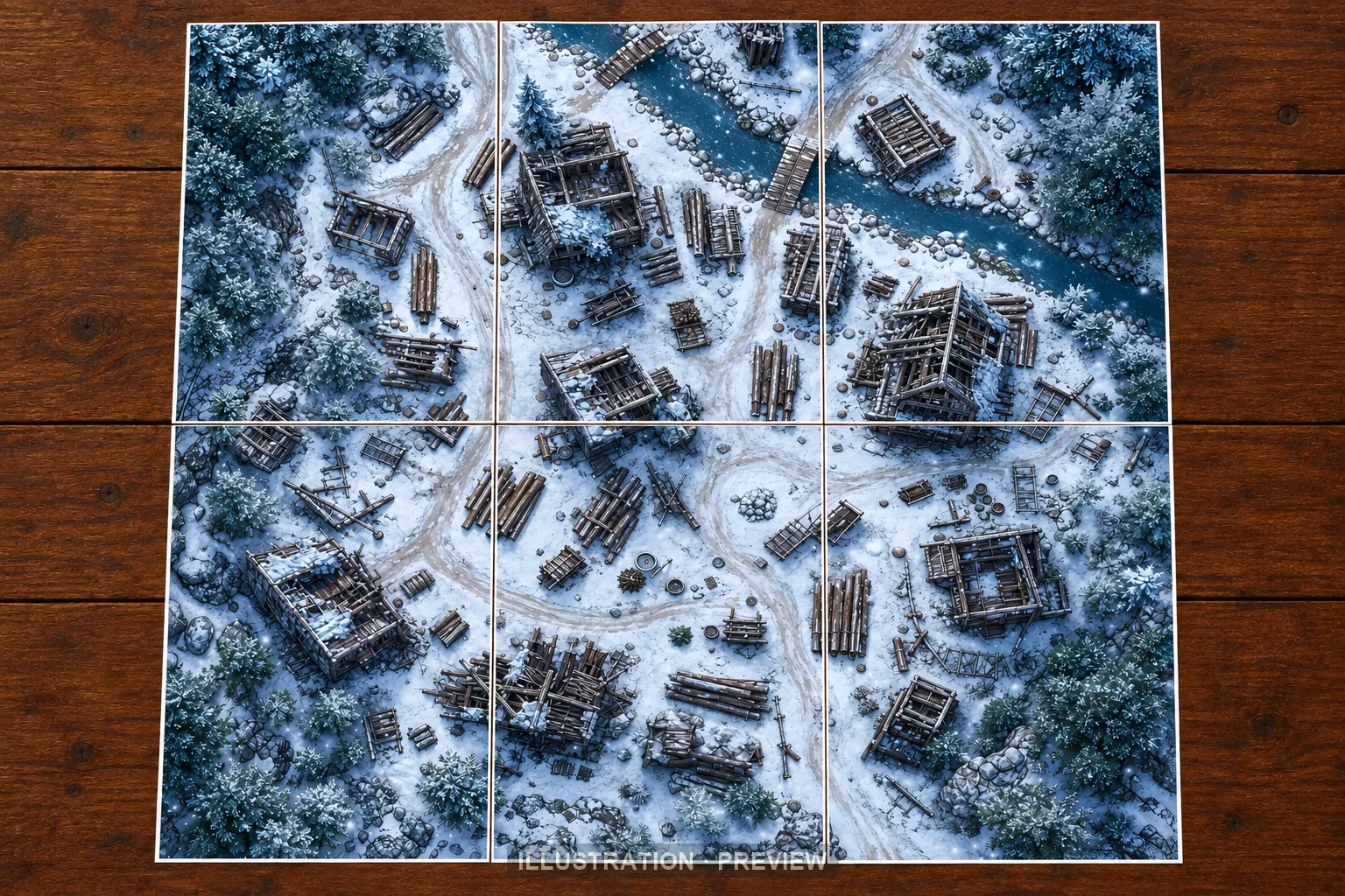 Illustration d’une battlemap disposée sur six feuilles imprimées sur une table