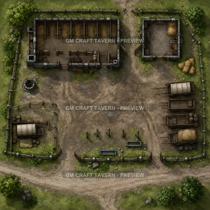 Roadside Stables With Wagon Yard And Hitching Posts battlemap preview