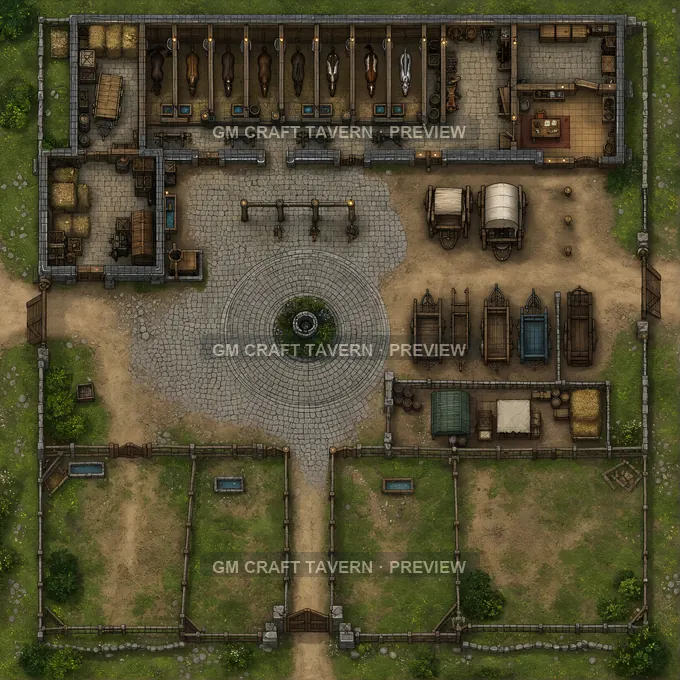Messenger Post Stables With Relay Stalls And Saddle Racks battlemap preview