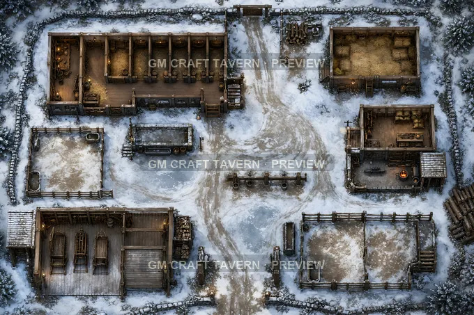 Winter Stables With Sled Bay And Firewood Stacks battlemap preview