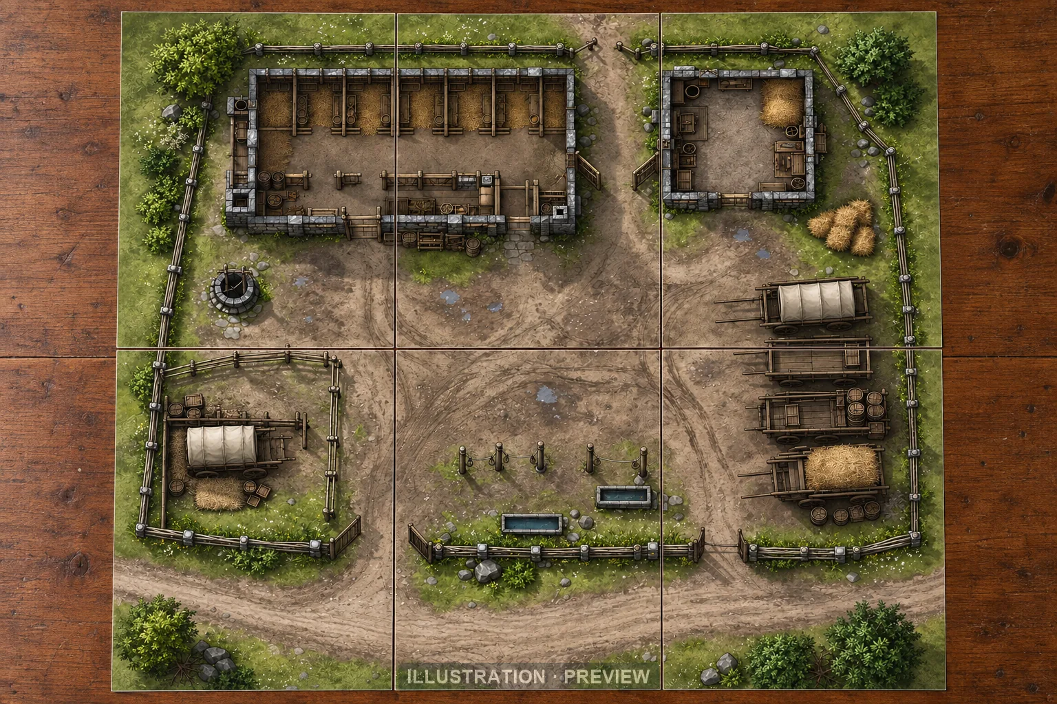 Illustration of a battlemap arranged on six printed sheets on a tabletop