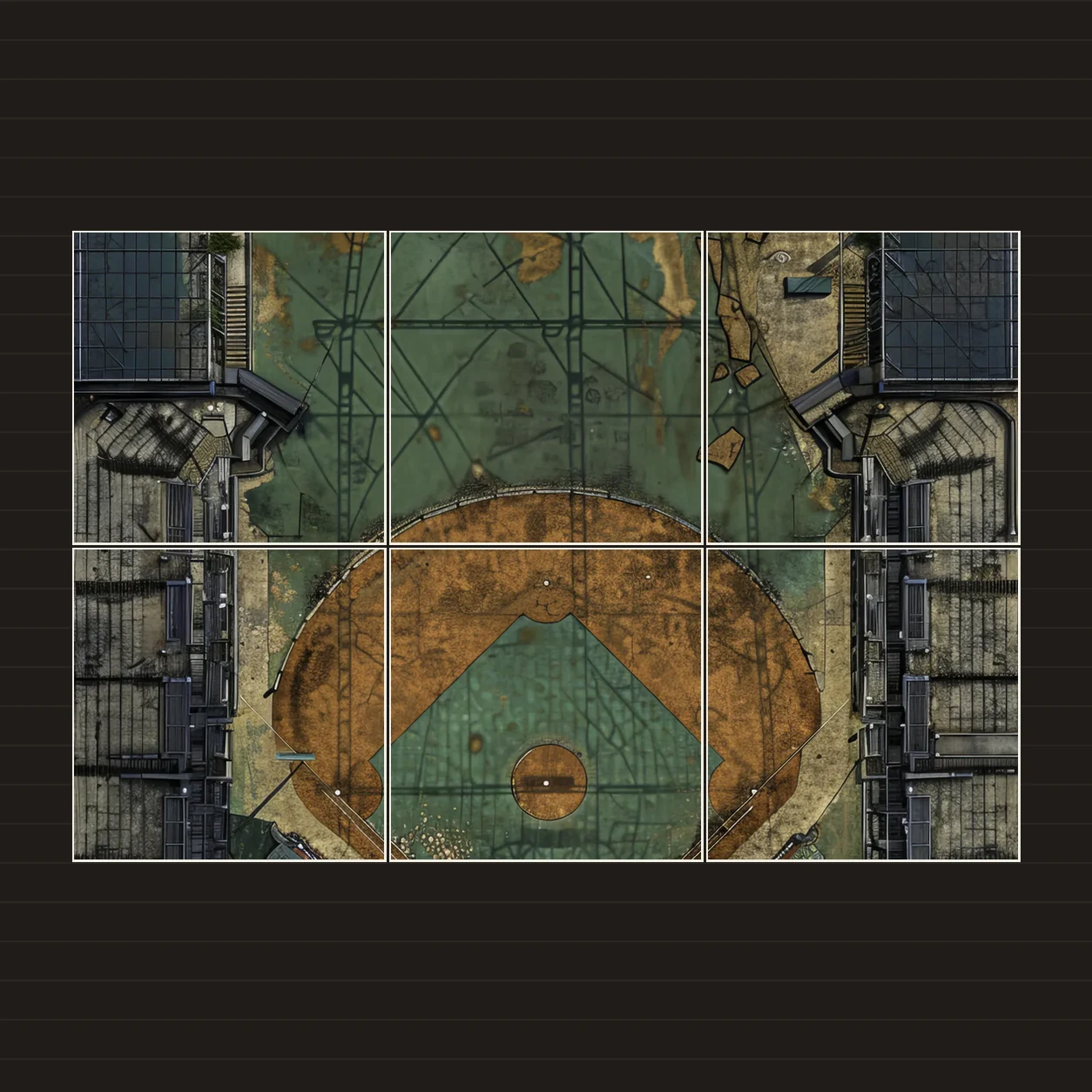 Illustration of a battlemap arranged on six printed sheets on a tabletop