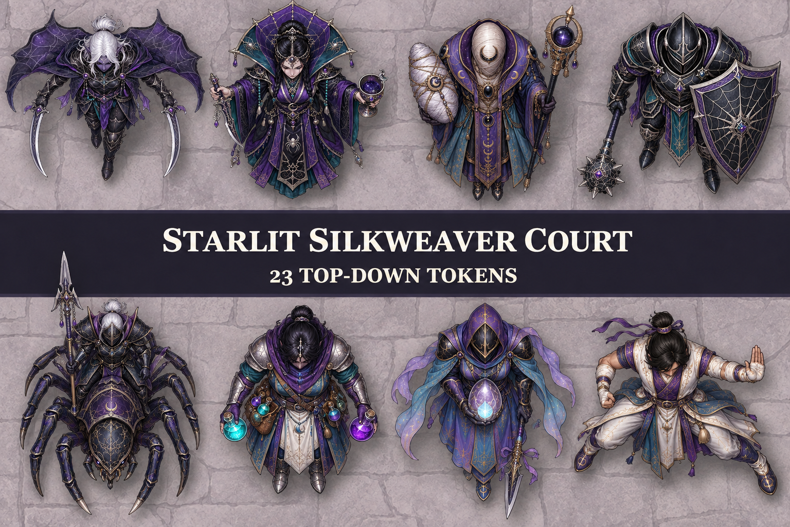 Starlit Silkweaver Court — 23 Top-Down Tokens