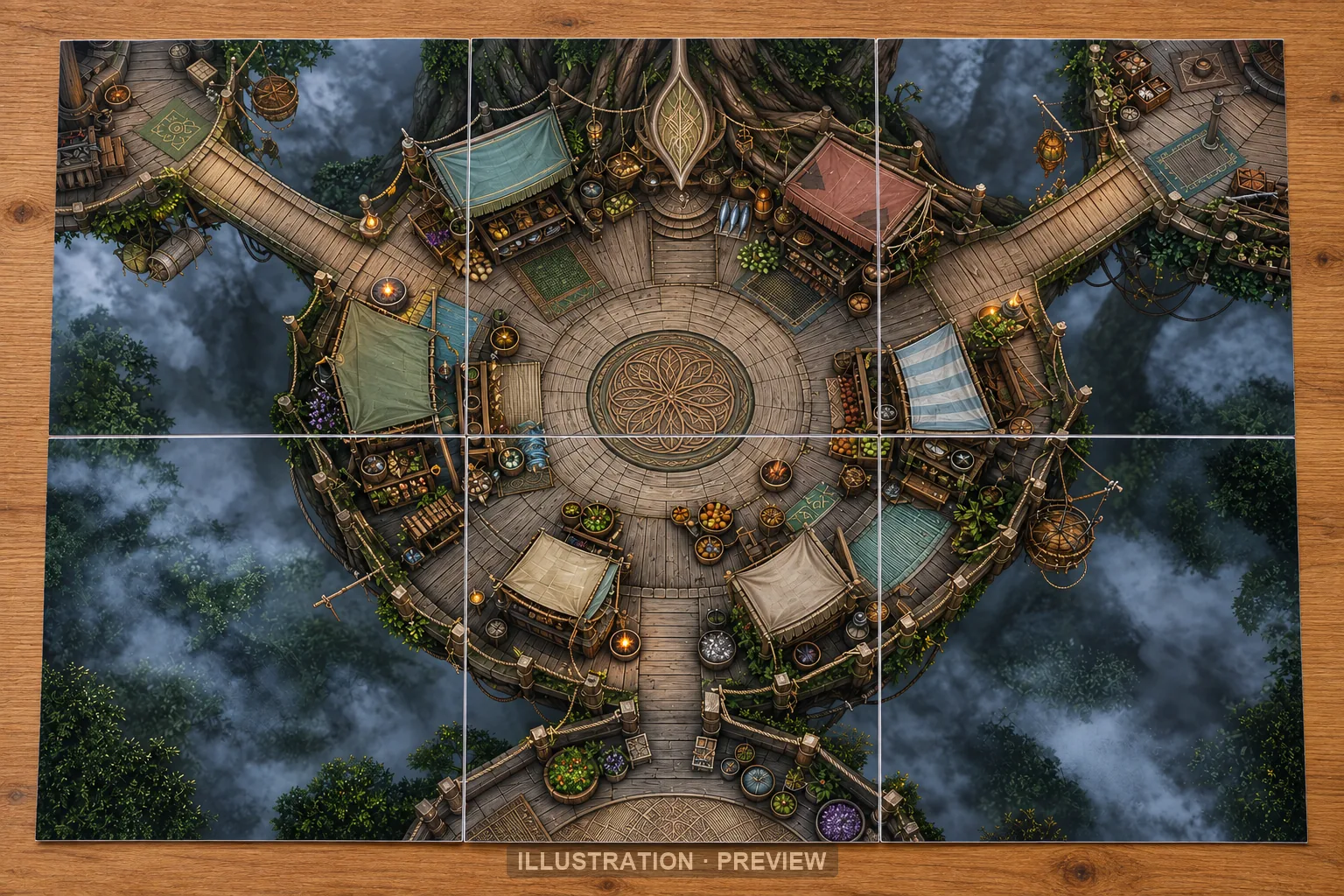 Illustration of a battlemap arranged on six printed sheets on a tabletop