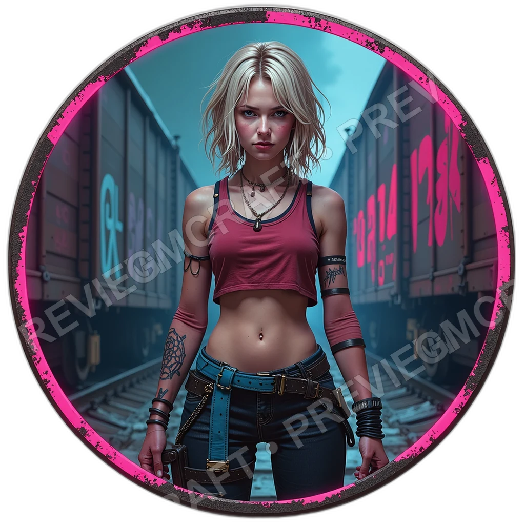 Neon Tag Matriarch, Female, Welded Jaw Plate, Flare Vial Belt, Graffiti Sash, Street Gangs, ,Adult,1.8,, ,Lean Build,1.8,, ,Ash Blonde Hair,1.8,, ,Pag 0001 top-down token preview