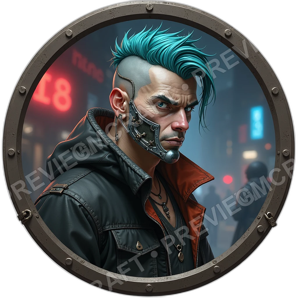 Rusted Gang Leader, Male, Welded Jaw Plate, Braided Scalp Cables, Incendiary Vial Belt, Street Gangs, ,Older Adult Age,1.8,, ,Slim Build,1.8,, ,Aqua H 0001 top-down token preview