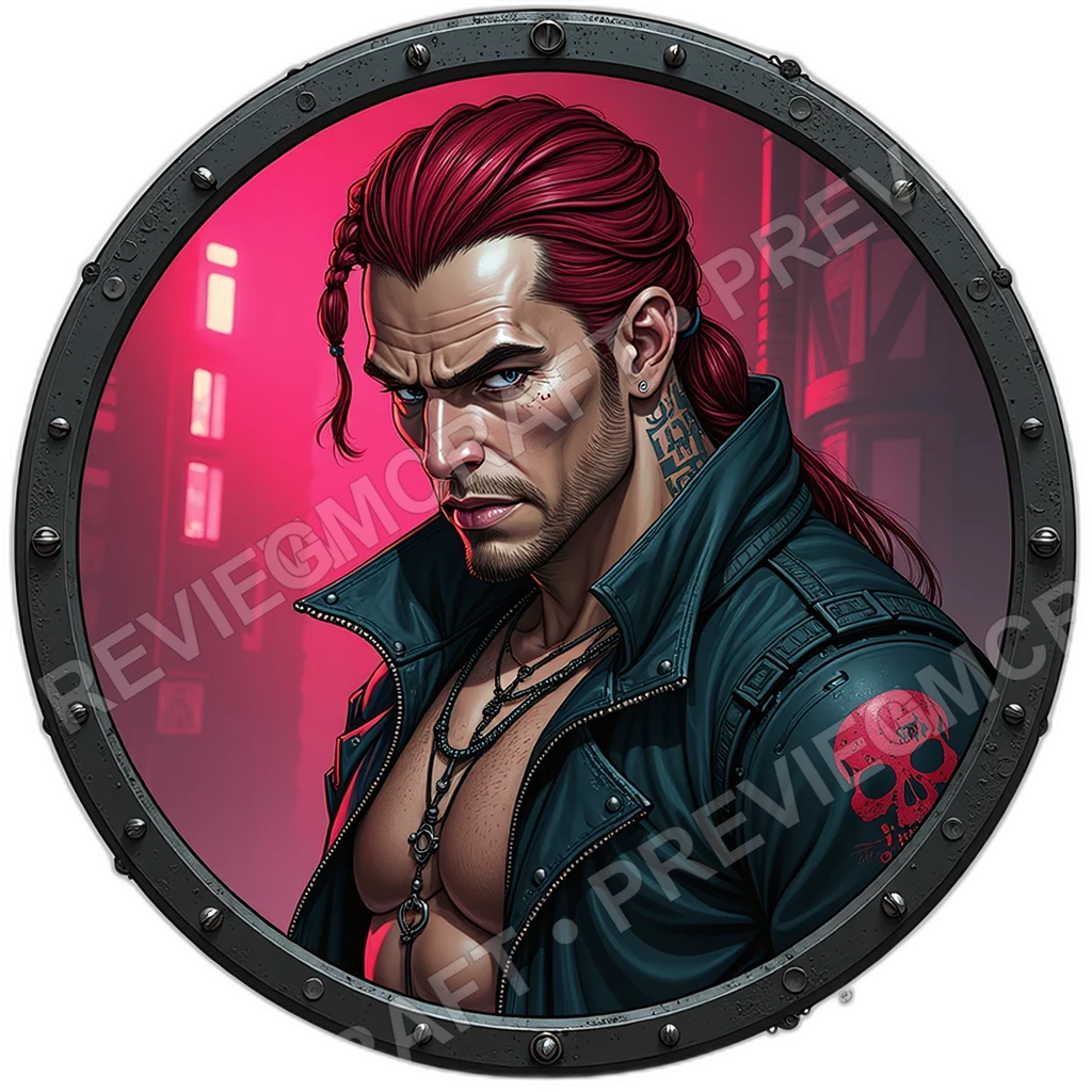 Scarred Gang Leader, Chrome Jaw Implant, Braided Red Hair, Retractable Wrist Blade, Graffiti Stained Duster, Street Gangs, ,Older Adult Age,1.8,, ,Mus 0001 top-down token preview