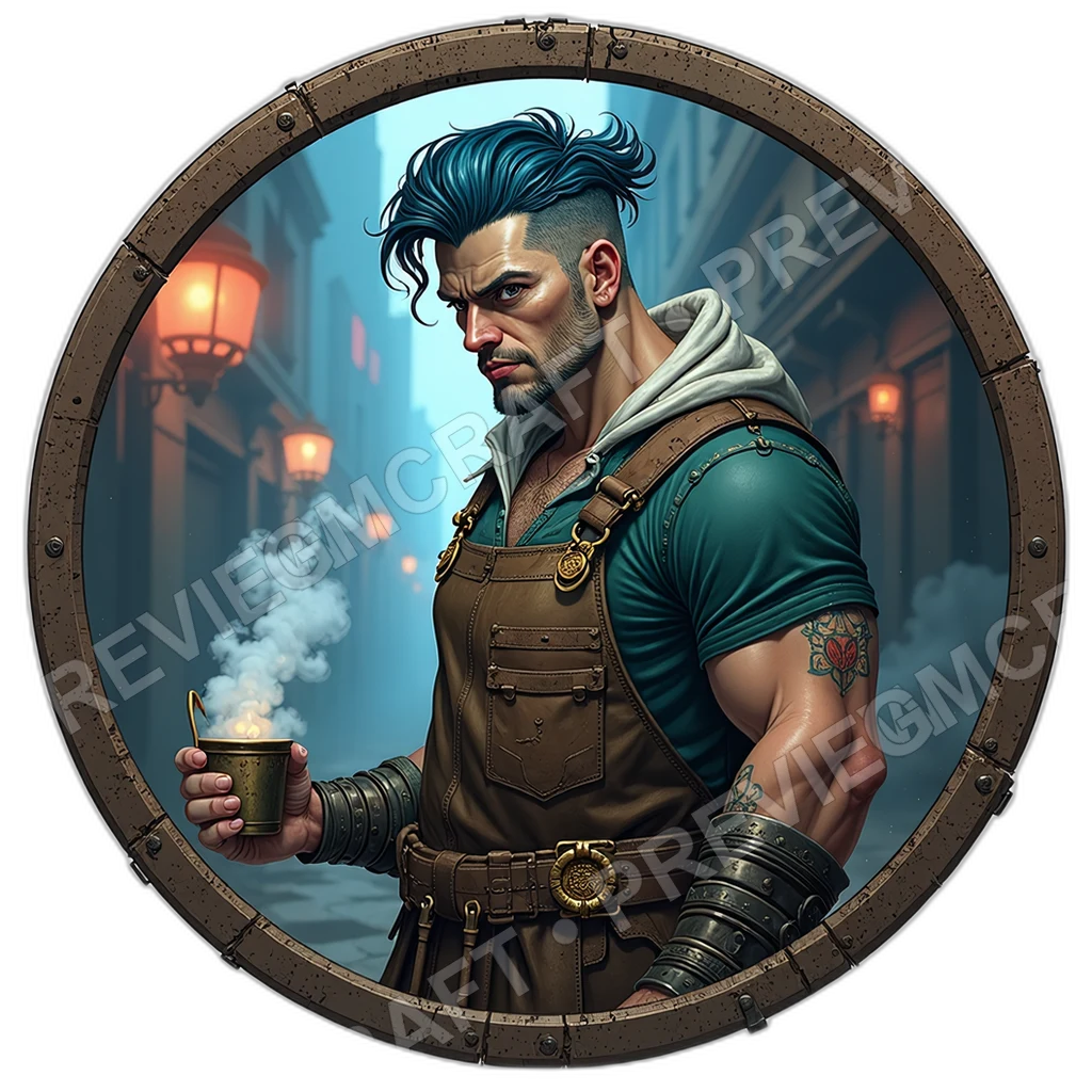 Brass Kettle Hawker, Male, Steam Vent Cart, Hand Lettered Menu Chip, Coin Charm Apron, Street Vendors, ,,1.8,, ,Heavyset Build,1.8,, ,Blue,Bl 0001 top-down token preview