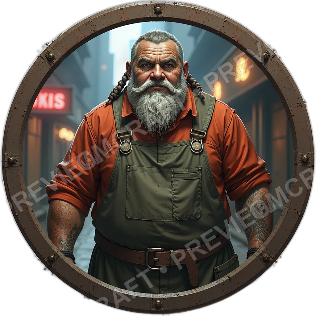 Brass Steam Hawker, Male, Kettle Vent Cart, Hand Lettered Menu Token, Spice Stained Apron, Street Vendors, ,Elder Very Old Person,1.8,, ,Obese Build,1 0001 top-down token preview