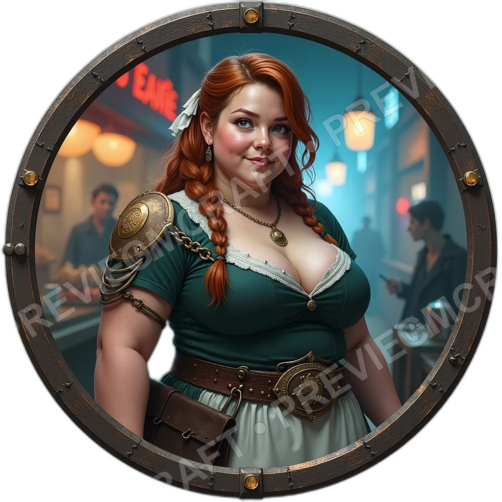 Steam Bun Matriarch, Male, Brass Kettle Spout, Handwritten Menu Chip, Pocketed Condiment Vials, Street Vendors, ,,1.8,, ,Obese Build,1.8,, ,C 0001 top-down token preview