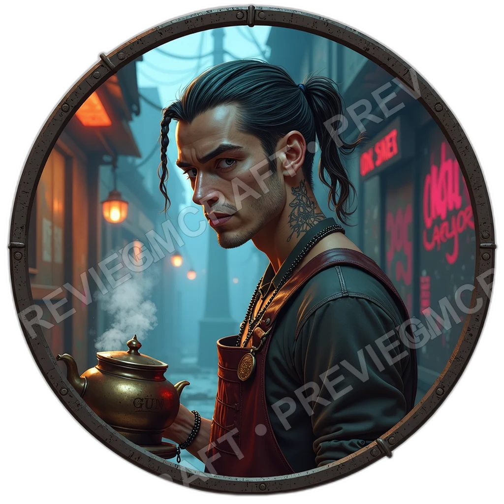 Steam Dumpling Seller, Male, Brass Steam Kettle, Handwritten Price Chip, Coin Charm Apron, Street Vendors, ,Adult,1.8,, ,Lean Build,1.8,, ,Steel Gray 0001 top-down token preview