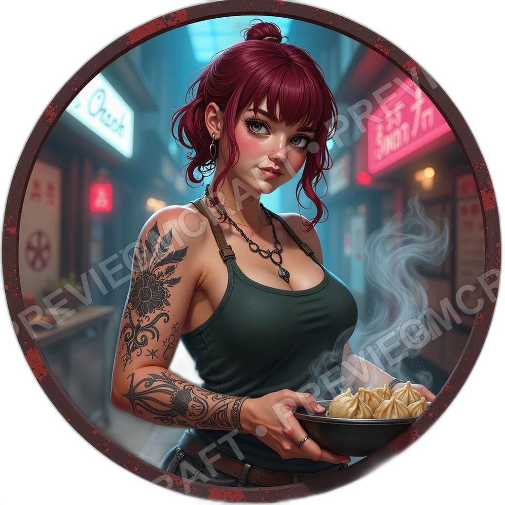 Steam Dumpling Vendor, Male, Kettle Spout Hood, Hand Scribbled Menu Tag, Oil Stained Palms, Street Vendors, , Age,1.8,, ,Obese Build,1.8,, ,Bu 0001 top-down token preview