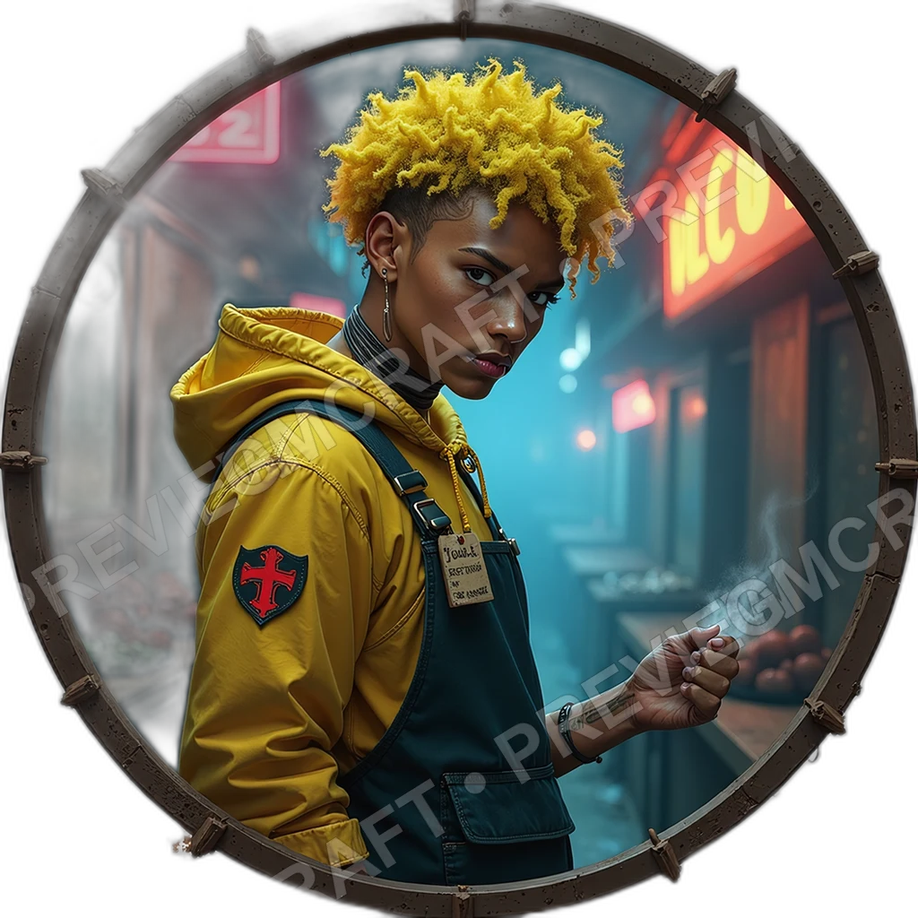 Steam Dumpling Vendor, Male, Kettle Spout Hood, Hand Scribbled Menu Tag, Oil Stained Palms, Street Vendors, ,Adult,1.8,, ,Very Slim Build,1.8,, ,Neon 0001 top-down token preview