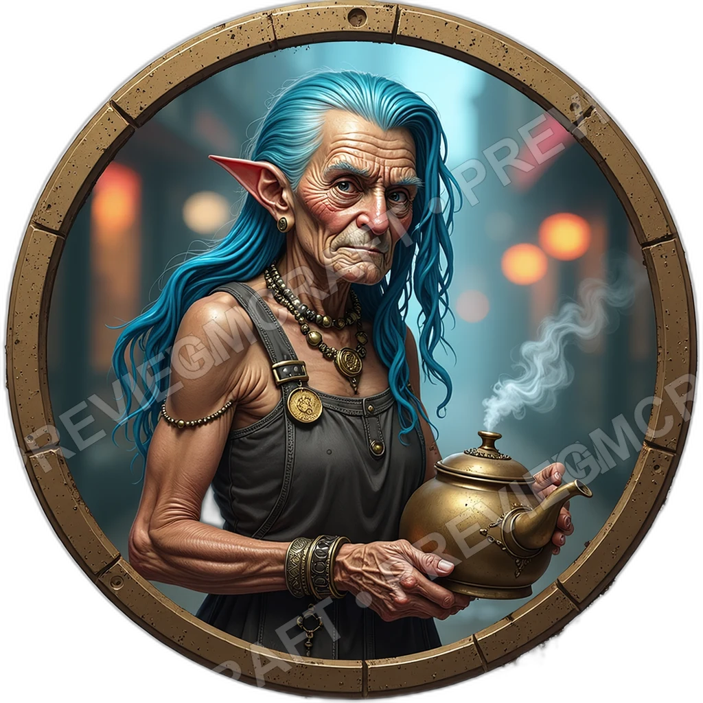 Steam Noodle Hawker, Female, Brass Kettle Cart, Hand Lettered Menu Chip, Coin Charm Apron, Street Vendors, ,Senior Age Old Person,1.8,, ,Lean Build,1 0001 top-down token preview