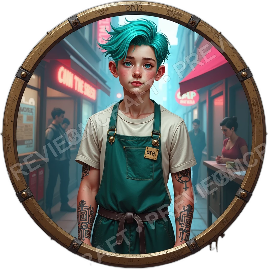 Steam Noodle Vendor, Male, Brass Kettle Cart, Hand Lettered Menu Chip, Flour Smeared Apron, Coin Charm Chain, Street Vendors, , Age,1.8,, ,Ave 0001 top-down token preview