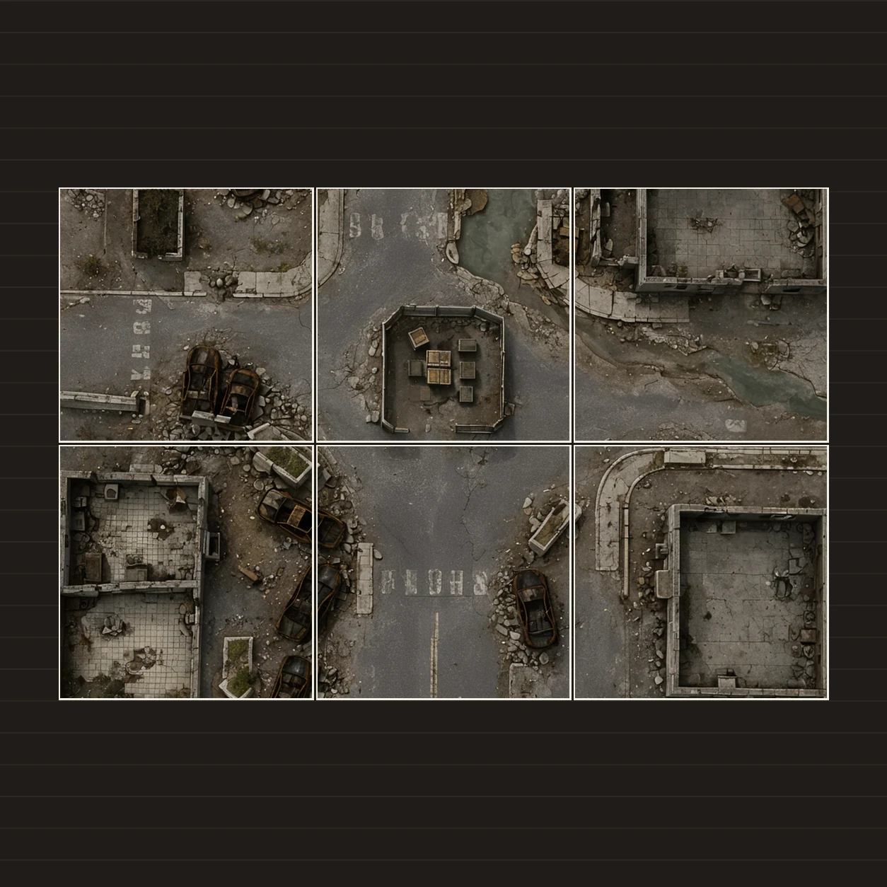 Illustration of a battlemap arranged on six printed sheets on a tabletop