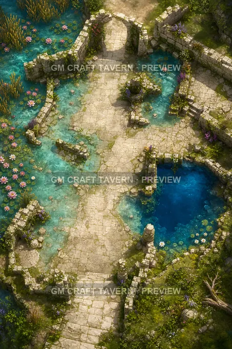Sunken Ruins And Lily Ponds Sheltered Courtyard battlemap preview