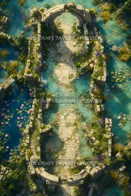 Sunken Ruins And Lily Ponds Ruined Bottleneck battlemap preview