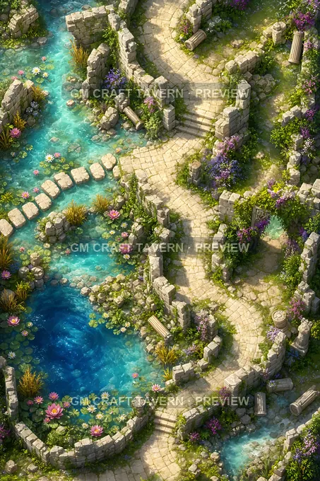Sunken Ruins And Lily Ponds Winding Ruin Route battlemap preview