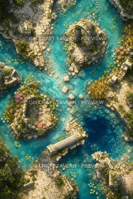Sunken Ruins And Lily Ponds Forked Lily Channel battlemap preview