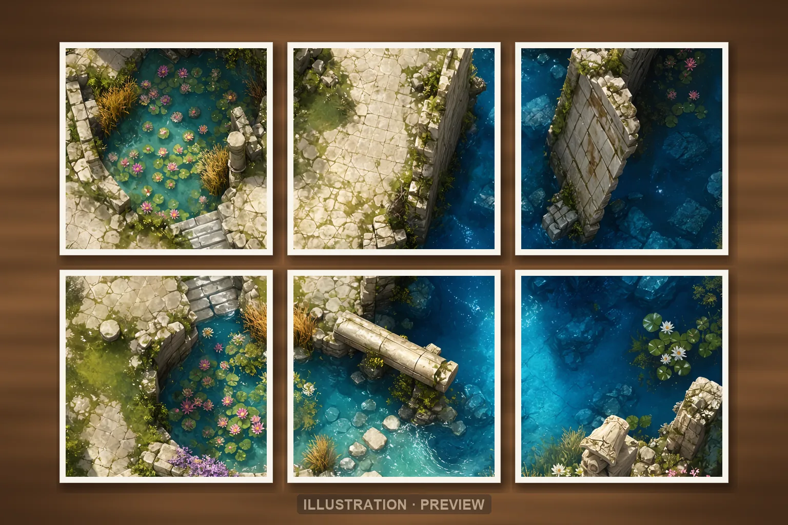 Illustration of a battlemap arranged on six printed sheets on a tabletop